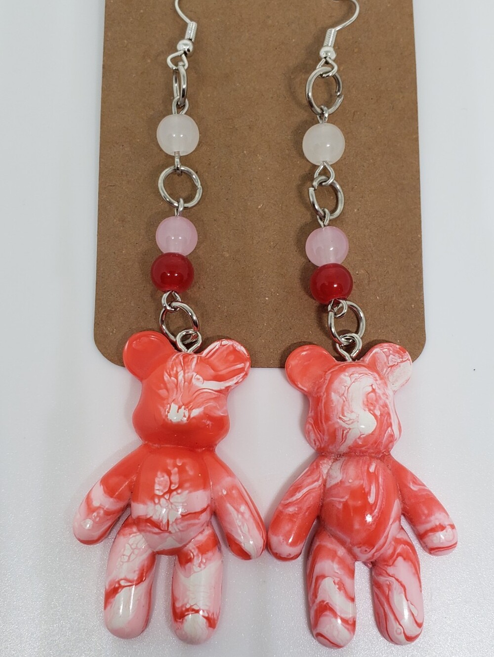 Handmade Beaded Glass Red White Tie Dye Teddy Bear Earrings